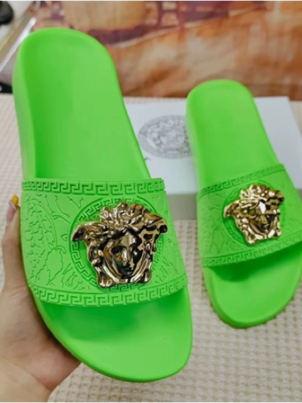 Versace White Strap Black Footbed Gold Medusa Slide